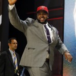 Penn State offensive lineman Donovan Smith celebrates after being selected by the Tampa Bay Buccaneers as the 34th pick in the second round of the 2015 NFL Football Draft, Friday, May 1, 2015, in Chicago. (AP Photo/Charles Rex Arbogast)