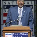 Tony Clark of the Major League Baseball Players Association speaks during an awards ceremony at Doubleday Field on Saturday, July 25, 2015, in Cooperstown, N.Y. (AP Photo/Mike Groll)
