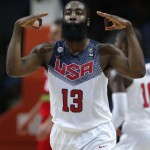United States' James Harden reacts during the final World Basketball match between the United States and Serbia at the Palacio de los Deportes stadium in Madrid, Spain, Sunday, Sept. 14, 2014. (AP Photo/Daniel Ochoa de Olza)