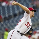 Washington Nationals starting pitcher Stephen Strasburg delivers a pitch during the first inning of a baseball game against the Arizona Diamondbacks on Tuesday, Aug. 19, 2014, in Washington. The Nationals defeated the Diamondbacks 8-1. (AP Photo/Evan Vucci)