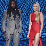 NFL player Richard Sherman, of the Seattle Seahawks, left, and alpine ski racer Lindsey Vonn present the award for best breakthrough athlete at the ESPY Awards at the Microsoft Theater on Wednesday, July 15, 2015, in Los Angeles. (Photo by Chris Pizzello/Invision/AP)