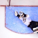 Anaheim Ducks goalie Frederik Andersen, of Denmark, dives to make a save during the third period of Game 3 of an NHL hockey second-round Stanley Cup playoff series against the Los Angeles Kings, Thursday, May 8, 2014, in Los Angeles. The Ducks won 3-2. (AP Photo/Mark J. Terrill)