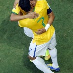 Brazil's Thiago Silva celebrates with his teammate Hulk after scoring his side's first goal during the World Cup quarterfinal soccer match between Brazil and Colombia at the Arena Castelao in Fortaleza, Brazil, Friday, July 4, 2014. (AP Photo/Fabrizio Bensch, pool)