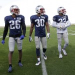New England Patriots cornerback Logan Ryan (26), safety Duron Harmon (30) and safety Devin McCourty (32) walk to the sideline during practice Wednesday, Jan. 28, 2015, in Tempe, Ariz. The Patriots play the Seattle Seahawks in NFL football Super Bowl XLIX Sunday, Feb. 1, in Glendale, Ariz. (AP Photo/Mark Humphrey)
