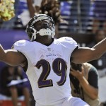Baltimore Ravens running back Justin Forsett (29) reacts to his touchdown during the second half of an NFL football game against the Cincinnati Bengals in Baltimore, Md., Sunday, Sept. 7, 2014. (AP Photo/Nick Wass)
