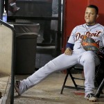 Detroit Tigers' Miguel Cabrera sits in the dugout during the eighth inning of a baseball game against the Arizona Diamondbacks on Tuesday, July 22, 2014, in Phoenix. The Diamondbacks won 5-4. (AP Photo)