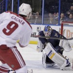Arizona Coyotes' Sam Gagner (9) shoots the puck past St. Louis Blues goalie Jake Allen (34) for a goal in the first period of an NHL hockey game, Tuesday, Feb. 10, 2015, in St. Louis. (AP Photo/Tom Gannam)