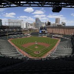 The Baltimore Orioles and Chicago White Sox pause during the National Anthem before a baseball game without fans Wednesday, April 29, 2015, in Baltimore. Due to security concerns the game was closed to the public.(AP Photo/Gail Burton)