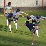  South Korean national soccer team players stretch during a training session in Foz do Iguacu, Brazil, Wednesday, June 11, 2014. South Korea play in group H of the 2014 soccer World Cup. (AP Photo/Lee Jin-man)