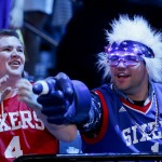 Philadelphia 76ers fans react before the start of the 2014 NBA draft, Thursday, June 26, 2014, in New York. (AP Photo/Kathy Willens)