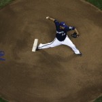 Milwaukee Brewers starting pitcher Wily Peralta throws during the first inning of a baseball game against the Arizona Diamondbacks Wednesday, May 7, 2014, in Milwaukee. (AP Photo/Morry Gash)