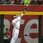 Arizona Diamondbacks right fielder Brett Jackson is unable to reach a lead-off double by St. Louis Cardinals' Matt Adams in the 10th inning of a baseball game Friday, Sept. 26, 2014, in Phoenix. The Cardinals won 7-6 in 10 innings. (AP Photo/St. Louis Post-Dispatch, Chris Lee)