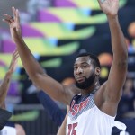 Andre Drummond of the U.S celebrates his team victory over Mexico during Basketball World Cup Round of 16 match between United States and Mexico at the Palau Sant Jordi in Barcelona, Spain, Saturday, Sept. 6, 2014. The 2014 Basketball World Cup competition will take place in various cities in Spain from Aug. 30 through to Sept. 14. (AP Photo /Manu Fernandez)