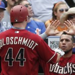A teammate greets Arizona Diamondbacks Paul Goldschmidt (44) at the dugout steps after Goldschmidt hit a third-inning solo home run in a baseball game against the New York Mets in New York, Sunday, July 12, 2015. (AP Photo/Kathy Willens)
