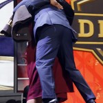 Washington defensive lineman Danny Shelton picks up NFL commissioner Roger Goodell as he celebrates after being selected by the Cleveland Browns as the 12th pick in the first round of the 2015 NFL Draft, Thursday, April 30, 2015, in Chicago. (AP Photo/Charles Rex Arbogast)