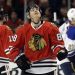 Chicago Blackhawks' Patrick Kane looks up after missing a shot against the St. Louis Blues during the first period in Game 4 of a first-round NHL hockey playoff series in Chicago, Wednesday, April 23, 2014. (AP Photo/Nam Y. Huh)
