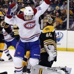  Montreal Canadiens center Daniel Briere (48) celebrates a goal by teammate P.K. Subban against Boston Bruins goalie Tuukka Rask (40) during the first period in Game 1 of an NHL hockey second-round playoff series in Boston, Thursday, May 1, 2014. (AP Photo/Elise Amendola)