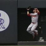 Arizona Diamondbacks right fielder Ender Inciarte pulls in a fly ball off the bat of Colorado Rockies center fielder Charlie Blackmon to end the bottom of the seventh inning of the first game of a baseball doubleheader, Wednesday, May 6, 2015, in Denver. (AP Photo/David Zalubowski)