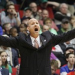 Mississippi head coach Andy Kennedy yells in the first half of a first round NCAA tournament game against Brigham Young Tuesday, March 17, 2015 in Dayton, Ohio. (AP Photo/Skip Peterson)