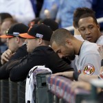 Baltimore Orioles watch during the ninth inning of Game 4 of the American League baseball championship series against the Kansas City Royals Wednesday, Oct. 15, 2014, in Kansas City, Mo. (AP Photo/Matt Slocum)