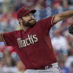 Arizona Diamondbacks starting pitcher Josh Collmenter throws in the first inning of a baseball game against the Philadelphia Phillies, Sunday, May 17, 2015, in Philadelphia. (AP Photo/Laurence Kesterson)