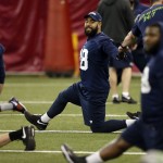 Seattle Seahawks' Tony Moeaki stretches during a team practice for NFL Super Bowl XLIX football game, Friday, Jan. 30, 2015, in Tempe, Ariz. The Seahawks play the New England Patriots in Super Bowl XLIX on Sunday, Feb. 1, 2015. (AP Photo/Matt York)