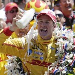 Ryan Hunter-Reay celebrates winning the Indianapolis 500 IndyCar auto race at the Indianapolis Motor Speedway in Indianapolis, Sunday, May 25, 2014. (AP Photo/AJ Mast)
