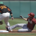 Arizona Diamondbacks' A.J. Pollock, right, slides safe behind San Francisco Giants' Brandon Crawford (35) with a double in the first inning of a spring training exhibition baseball game Tuesday, March 17, 2015, in Scottsdale, Ariz. (AP Photo/Ben Margot)