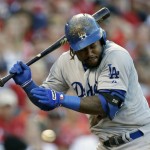 Los Angeles Dodgers shortstop Hanley Ramirez is hit by a pitch during the sixth inning in Game 4 of baseball's NL Division Series against the St. Louis Cardinals, Tuesday, Oct. 7, 2014, in St. Louis. (AP Photo/Jeff Roberson)