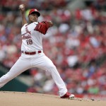 St. Louis Cardinals starting pitcher Carlos Martinez throws during the first inning of a baseball game against the Arizona Diamondbacks, Monday, May 25, 2015, in St. Louis. (AP Photo/Jeff Roberson)