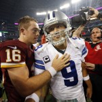 Washington Redskins' Colt McCoy (16) greets Dallas Cowboys' Tony Romo (9) on the field after an NFL football game, Monday, Oct. 27, 2014, in Arlington, Texas. Washington won in overtime 20-17. (AP Photo/Tim Sharp)