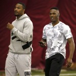 Arizona State's Jaelen Strong, left, and Damarious Randall warm up prior to working out for NFL scouts during Pro Day at Arizona State University, Friday, March 6, 2015, in Tempe, Ariz. (AP Photo/Matt York)