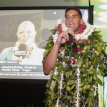 Former Oregon quarterback Marcus Mariota addresses his family and friends during his NFL Draft Day party at the Saint Louis Alumni Clubhouse Thursday, April 30, 2015, in Honolulu. (Thomas Boyd/The Oregonian via AP, Pool)