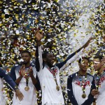 United States players celebrate their victory after winning the final World Basketball match against Serbia at the Palacio de los Deportes stadium in Madrid, Spain, Sunday, Sept. 14, 2014. (AP Photo/Daniel Ochoa de Olza)