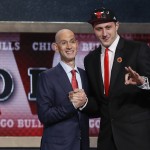 Jusuf Nurkic of Bosnia-Herzegovina, right, poses for a photo with NBA commissioner Adam Silver after being selected as the 16th overall pick by the Chicago Bulls during the 2014 NBA draft, Thursday, June 26, 2014, in New York. (AP Photo/Kathy Willens)