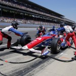 Takuma Sato, of Japan, pits during the 98th running of the Indianapolis 500 IndyCar auto race at the Indianapolis Motor Speedway in Indianapolis, Sunday, May 25, 2014. (AP Photo/Robert Baker)