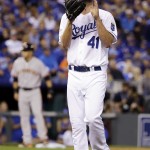 Kansas City Royals pitcher Danny Duffy reacts as he walks off the field after being taken out of the game during the seventh inning of Game 1 of baseball's World Series against the San Francisco Giants Tuesday, Oct. 21, 2014, in Kansas City, Mo. (AP Photo/David J. Phillip)