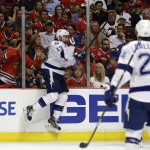 Tampa Bay Lightning's Cedric Paquette celebrates after scoring a goal during the third period in Game 3 of the NHL hockey Stanley Cup Final against the Chicago Blackhawks on Monday, June 8, 2015, in Chicago. The Lightning won 3-2. (AP Photo/Nam Y. Huh)