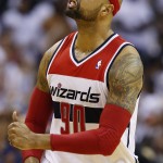  Washington Wizards forward Drew Gooden reacts to a call during the second half in Game 6 of an Eastern Conference semifinal NBA basketball playoff series against the Indiana Pacers in Washington, Thursday, May 15, 2014. (AP Photo/Alex Brandon)