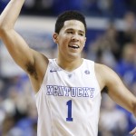 Kentucky's Devin Booker smiles during an NCAA college basketball game against Arkansas in Lexington, Ky. The freshman guard is the Wildcats most consistent outside threat. (AP Photo/James Crisp, File)