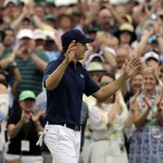 Jordan Spieth celebrates after winning the Masters championship during the fourth round of the Masters golf tournament Sunday, April 12, 2015, in Augusta, Ga. (AP Photo/David J. Phillip)