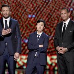Joel McHale, from left, Ken Jeong and professional baseball player Alex Rodriguez, of the New York Yankees, speak on stage at the ESPY Awards at the Microsoft Theater on Wednesday, July 15, 2015, in Los Angeles. (Photo by Chris Pizzello/Invision/AP)