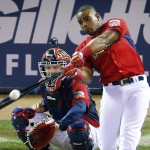  American League's Yoenis Cespedes, of the Oakland Athletics, hits during the final round of the MLB All-Star baseball Home Run Derby, Monday, July 14, 2014, in Minneapolis. (AP Photo/Paul Sancya)