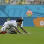 United States' Jermaine Jones cannot reach the ball during the group G World Cup soccer match between the USA and Germany at the Arena Pernambuco in Recife, Brazil, Thursday, June 26, 2014. (AP Photo/Matthias Schrader)
