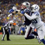 New England Patriots wide receiver Danny Amendola cannot catch a pass while being defended by Indianapolis Colts cornerback Darius Butler (20) during the first half of the NFL football AFC Championship game Sunday, Jan. 18, 2015, in Foxborough, Mass. (AP Photo/Elise Amendola)