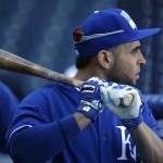 Kansas City Royals' Omar Infante waits to bat during baseball practice Monday, Oct. 20, 2014, in Kansas City, Mo. The Royals will host the San Francisco Giants in Game 1 of the World Series on Oct. 21. (AP Photo/Charlie Riedel)