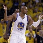 Golden State Warriors guard Leandro Barbosa (19) celebrates after making a three point basket against the Cleveland Cavaliers during the first half of Game 2 of basketball's NBA Finals in Oakland, Calif., Sunday, June 7, 2015. (AP Photo/Ben Margot)