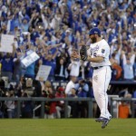 Kansas City Royals relief pitcher Greg Holland celebrates after defeating against the Baltimore Orioles 2-1 in Game 4 of the American League baseball championship series Wednesday, Oct. 15, 2014, in Kansas City, Mo. The Royals advance to World Series. (AP Photo/Charlie Riedel)