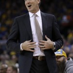 Phoenix Suns' Jeff Hornacek reacts to a foul call against his team during the first half of an NBA basketball game against the Golden State Warriors Saturday, Jan. 31, 2015, in Oakland, Calif. (AP Photo/Marcio Jose Sanchez)