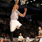 U.S.Team's Mason Plumlee, of the Brooklyn Nets, scores against the World Team during the first half of the Rising Stars NBA All-Star Challenge basketball game, Friday, Feb. 13, 2015, in New York. (AP Photo/Julio Cortez)